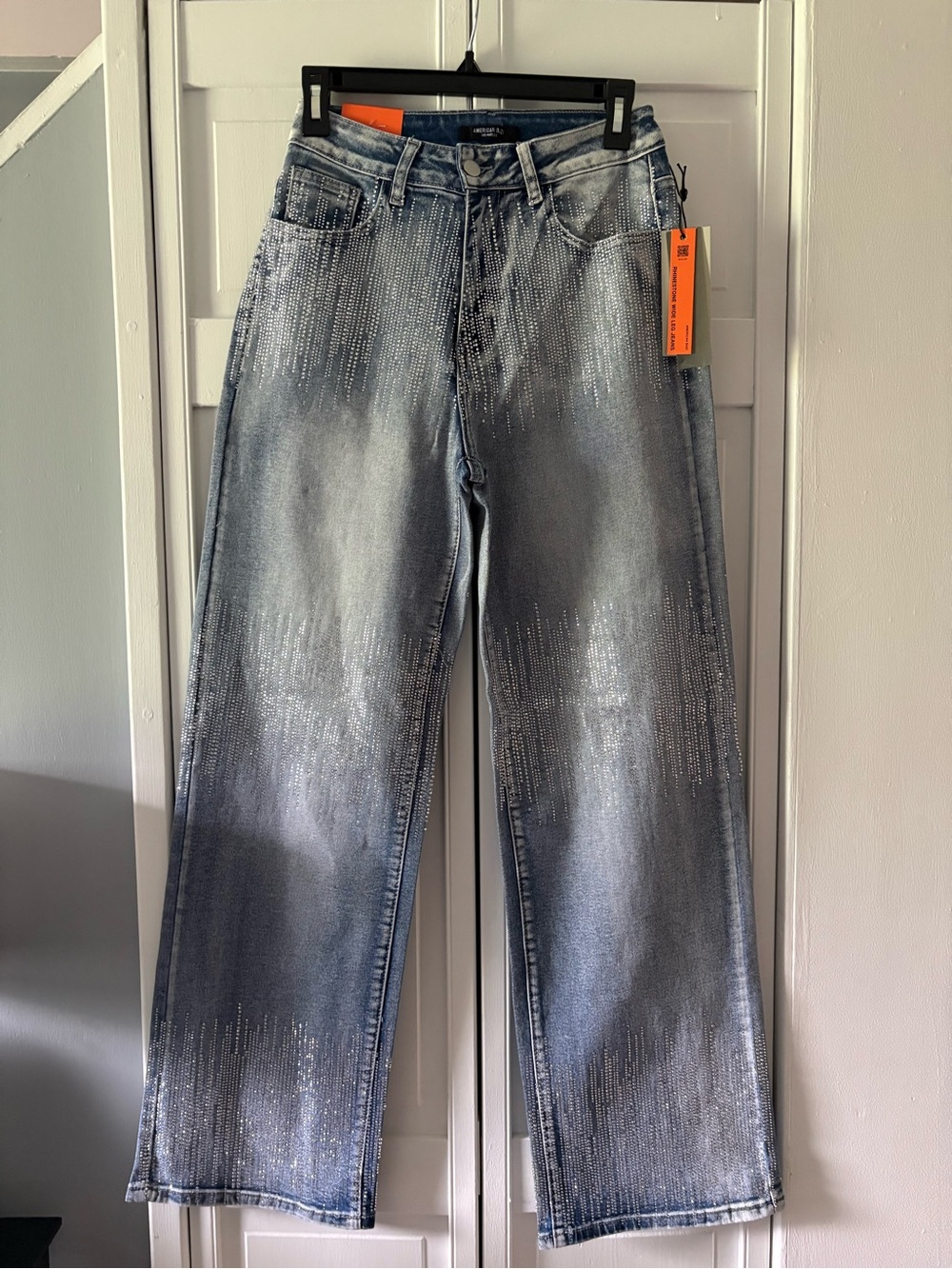 American Bazi Washed Blue Wide-Leg Jeans with Silver Accents